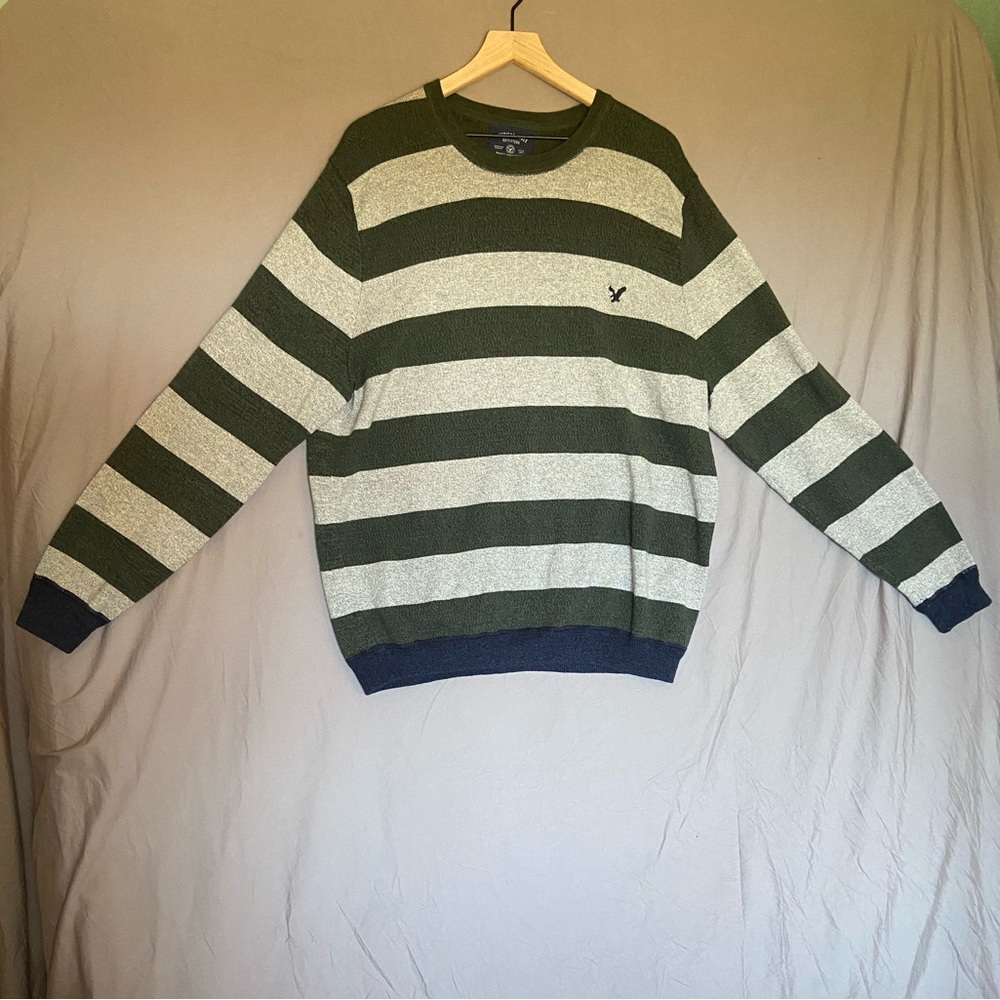 American Eagle Green and Grey Striped Cotton Sweater XXL